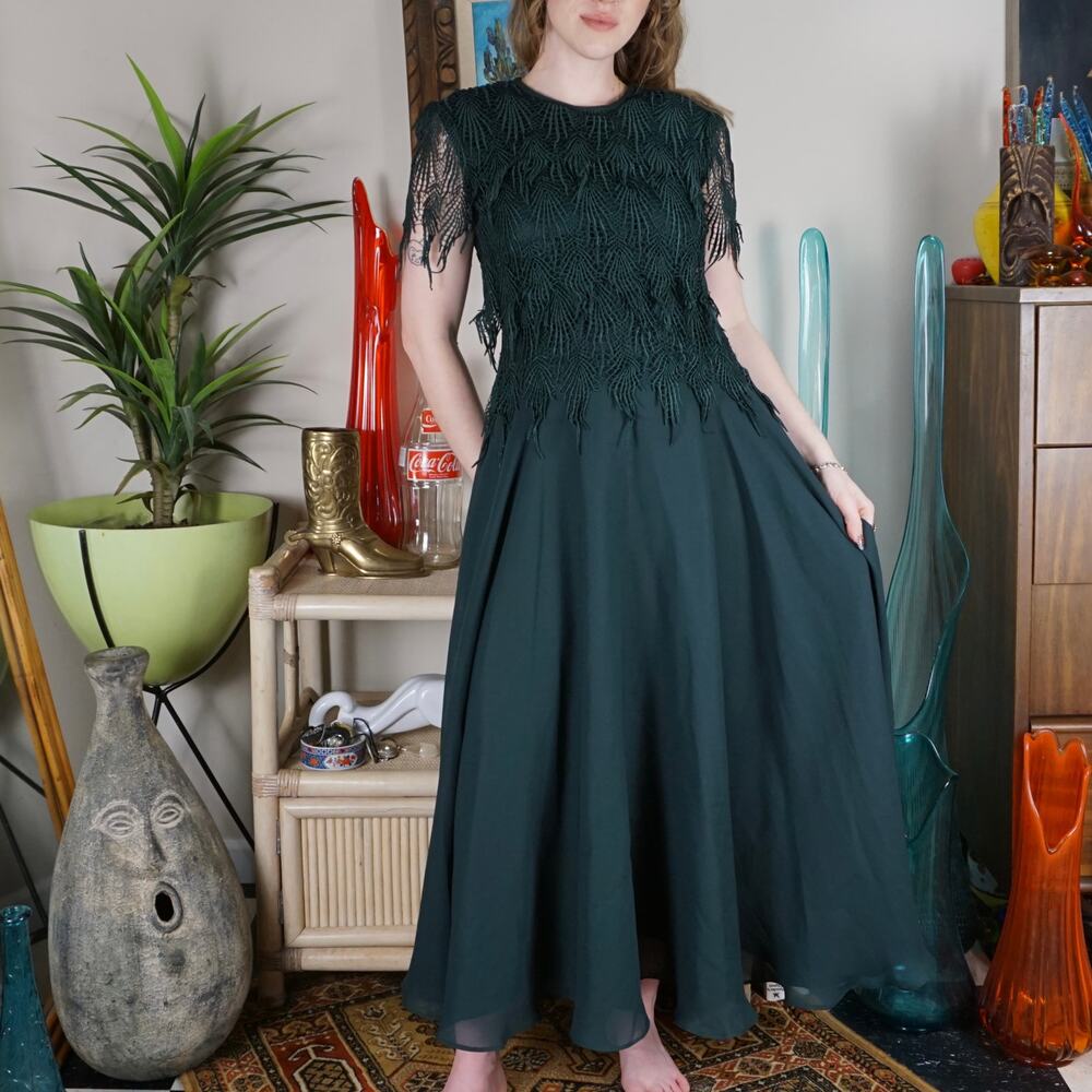 Vintage 90s dark green lace detail top maxi dress